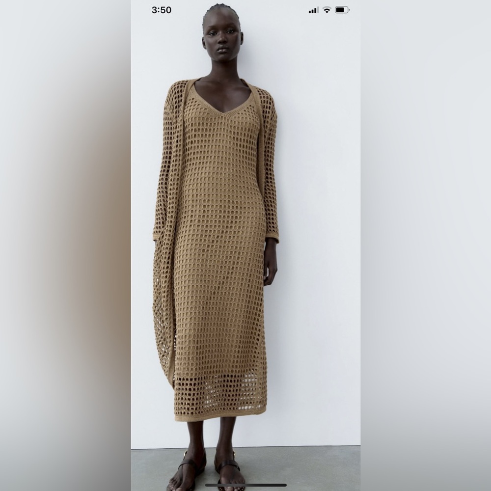 Zara metallic thread long knit jacket and dress set